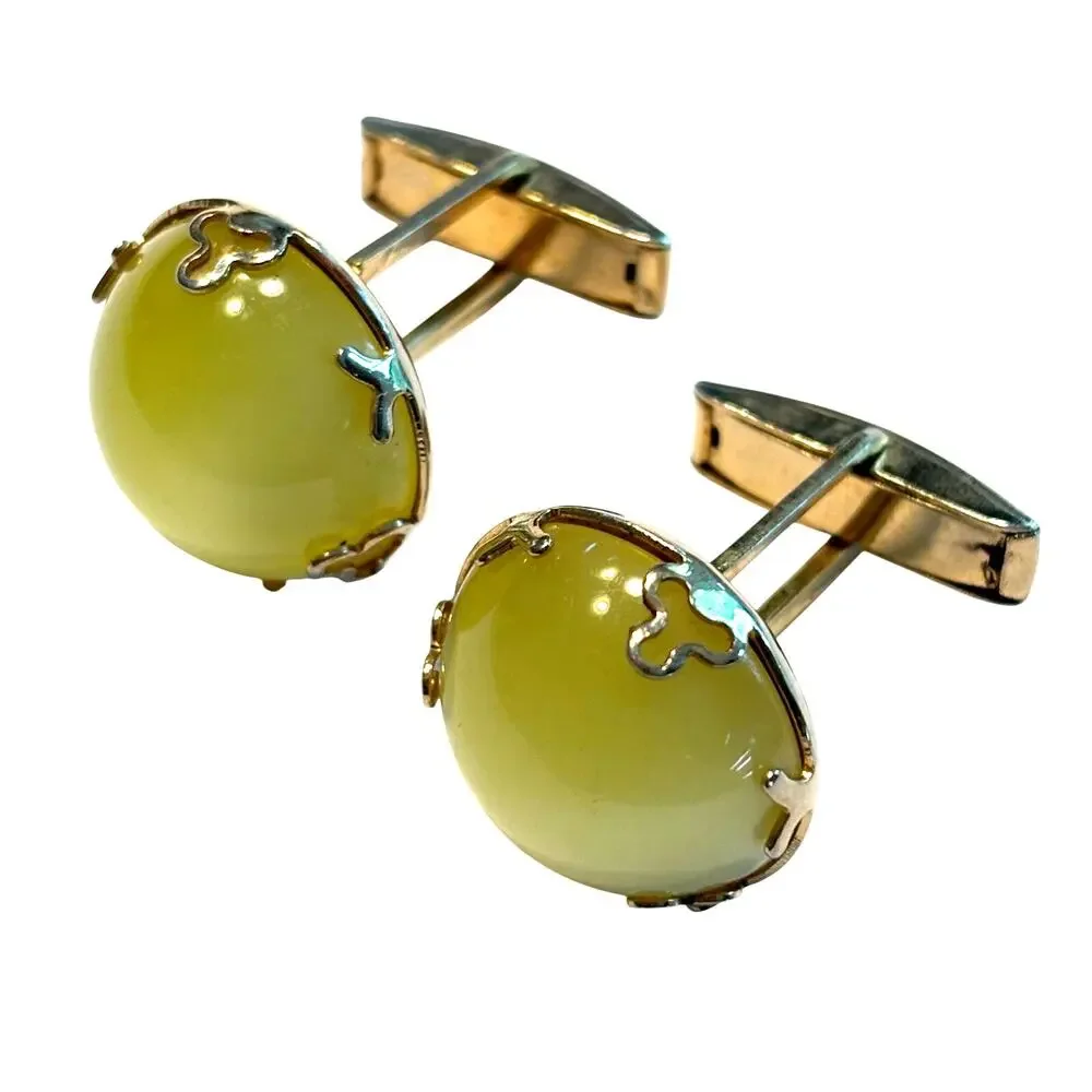 Vintage mid century gold cufflinks yellow Lucite lemon drop moonglow bead center